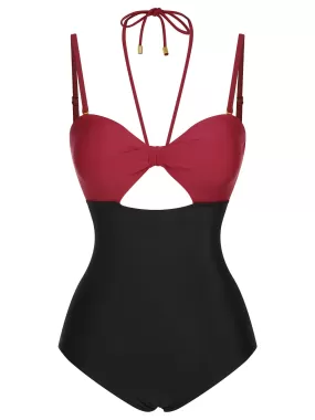 1950s Solid Cutout Halter Strap Swimsuit