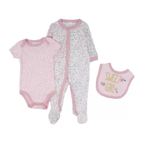 Baby Kiss 3 Pc Layette Set - Sleeper, Bodysuit & Bib - Sweet Girl