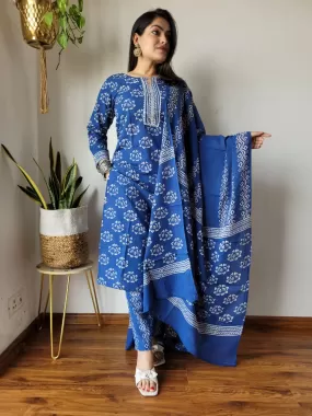 Blue Block Print Suit Set And Dupatta