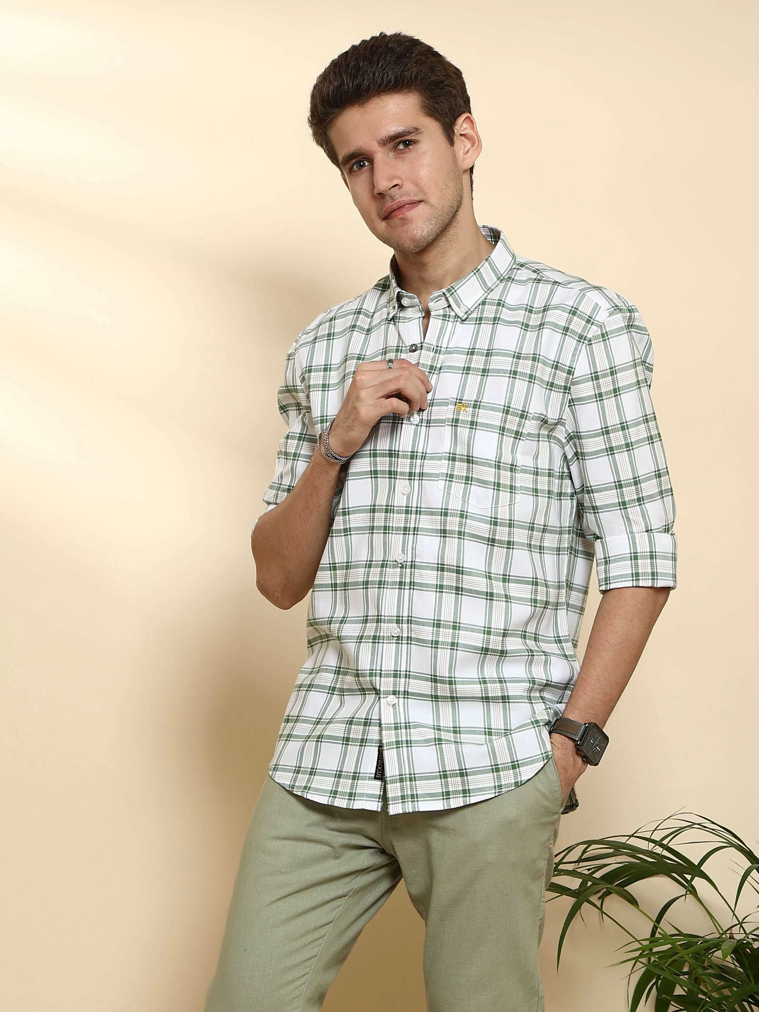 BR White & Green casual check full Sleeve shirt