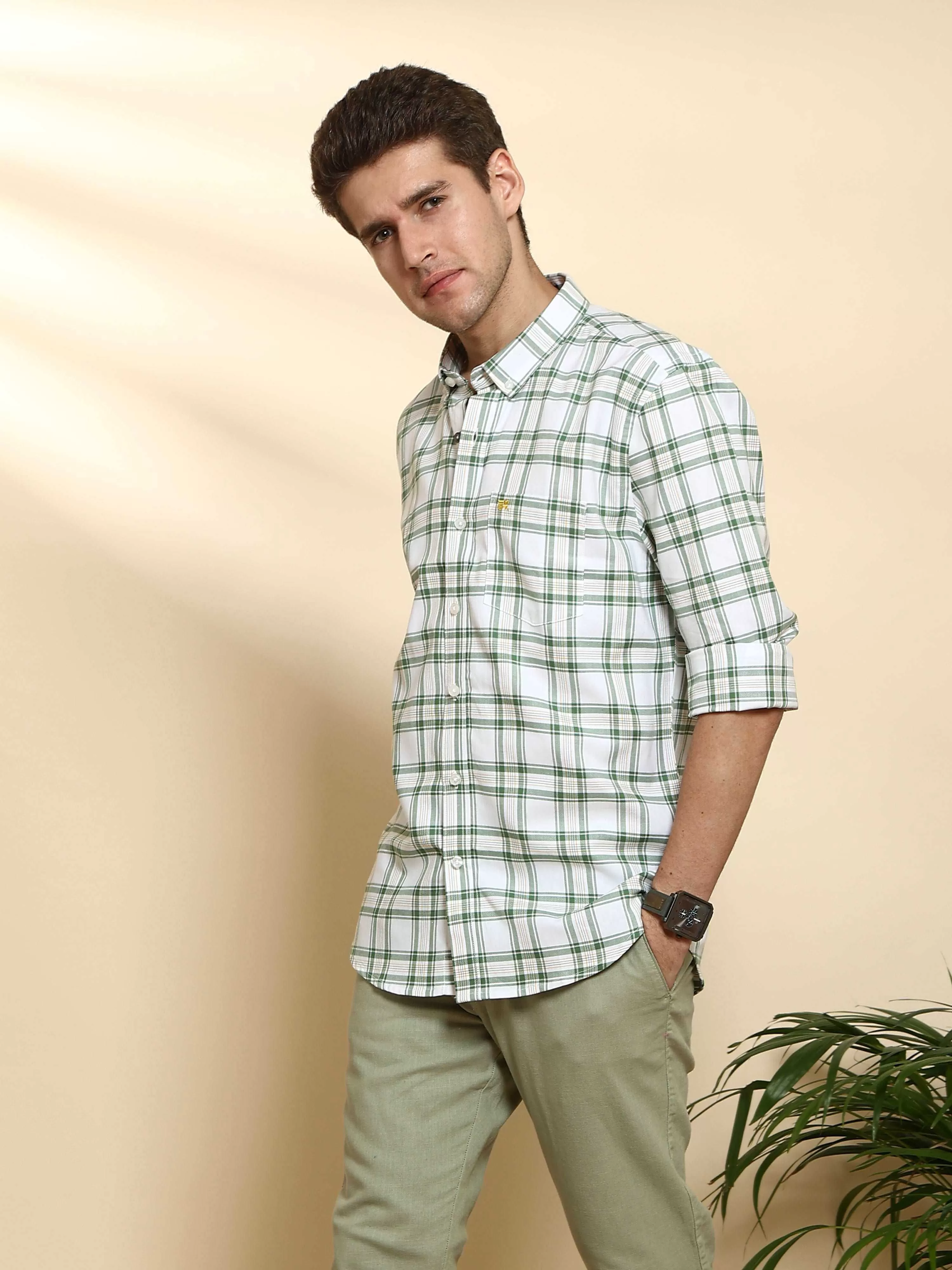 BR White & Green casual check full Sleeve shirt