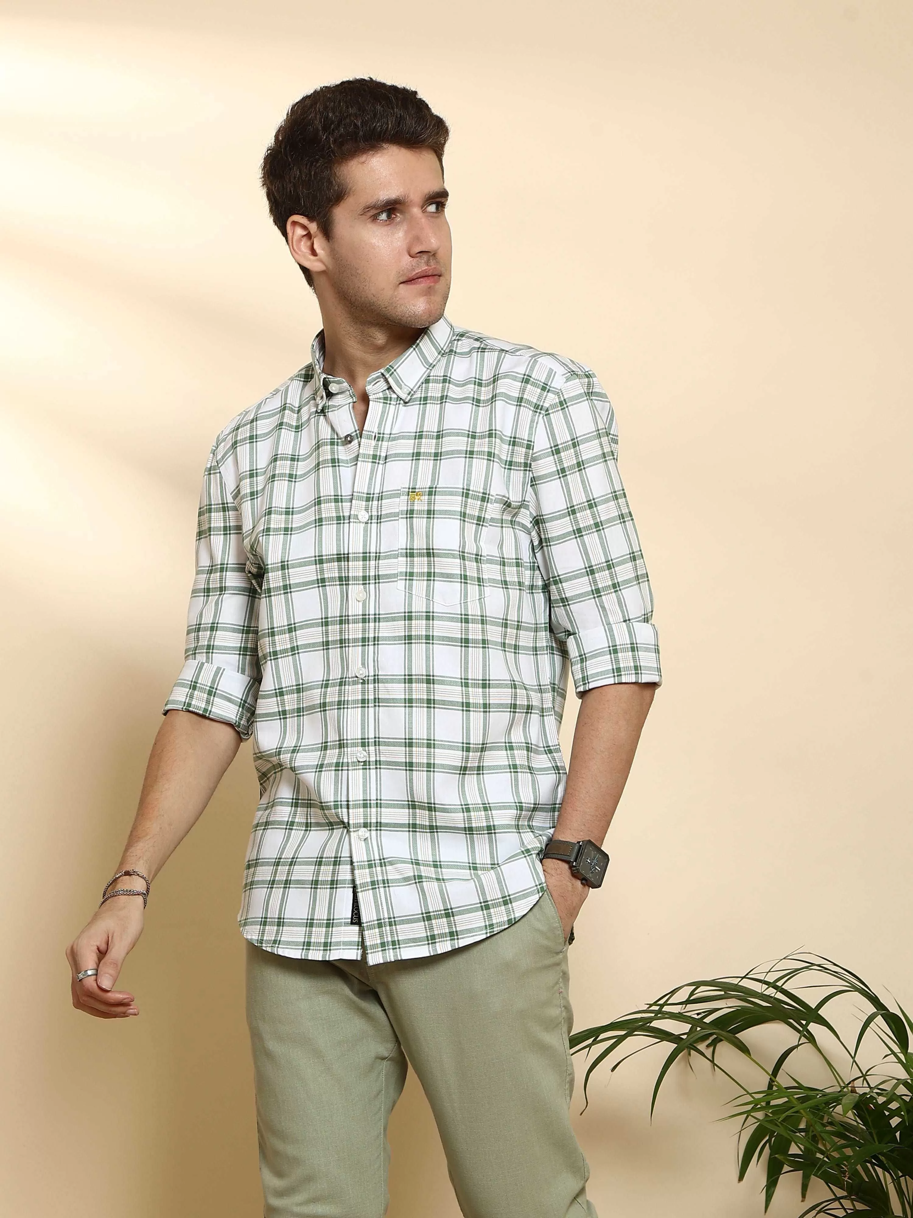 BR White & Green casual check full Sleeve shirt