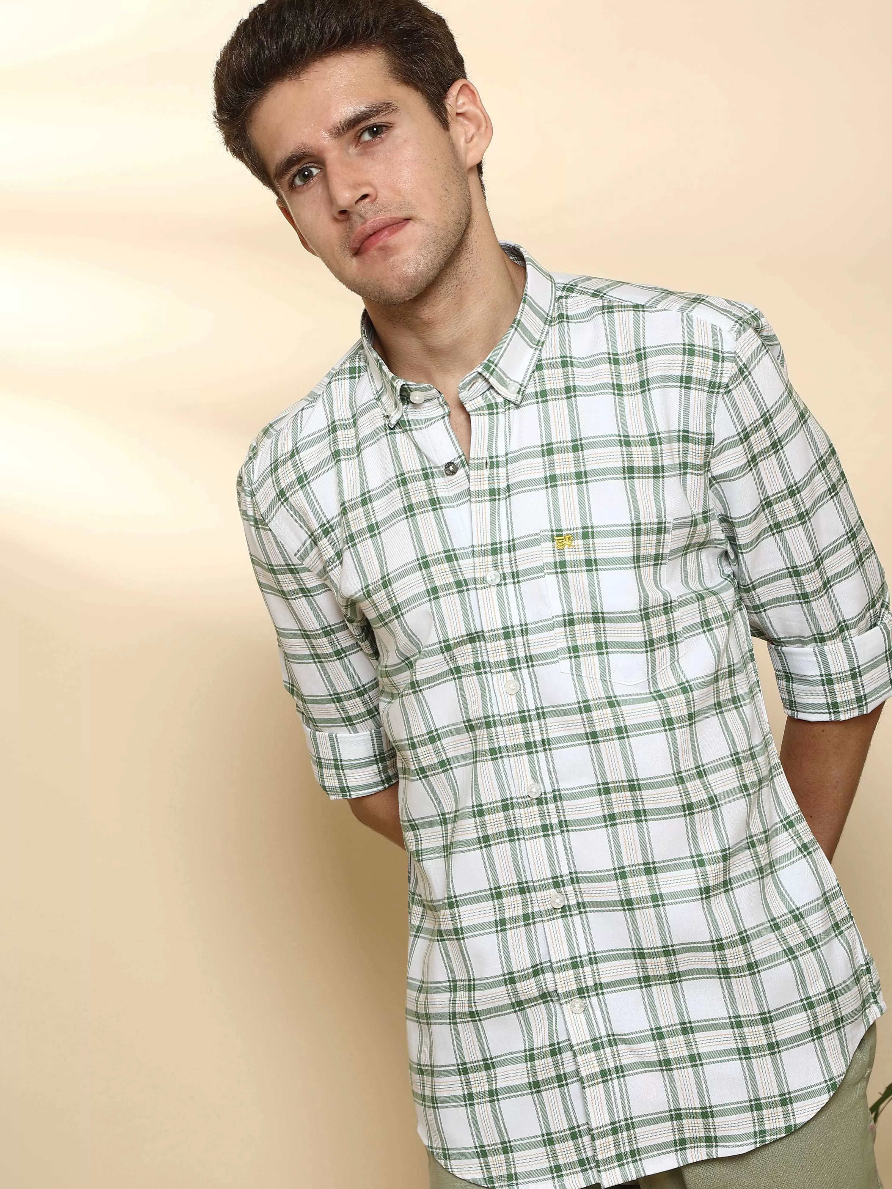 BR White & Green casual check full Sleeve shirt