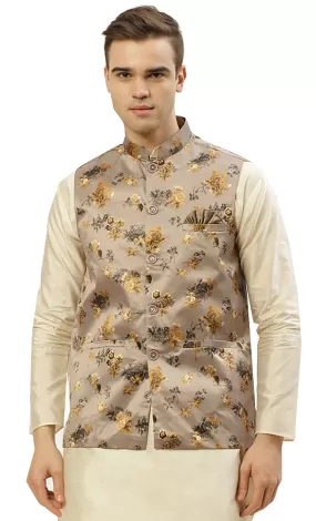 Elegant Floral Nayroo Jacket for Men with Mandarin Collar (Brown-Gold)