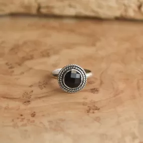 Rose Cut Black Onyx Western Ring - Dainty Silversmith Ring - Faceted Black Onyx Stacking Ring