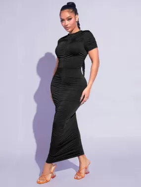 Solid Ruched Bodycon Dress in black