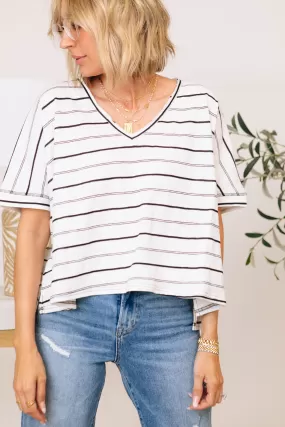 Striped Shoulder V-Neck Knit Top (S-L)