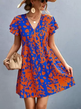 Sunset Vacation Ruffled Printed V-Neck Short Sleeve Mini Dress